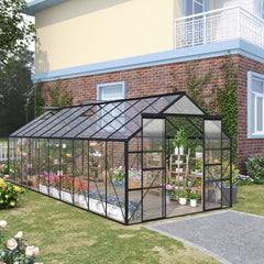 Outsunny 20' x 8' Aluminum Greenhouse Polycarbonate Walk-in Garden Greenhouse Kit with Adjustable Roof Vent, Rain Gutter and Sliding Door for Winter, Clear 845-533V00CR