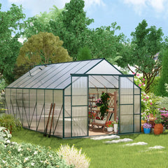 Outsunny 16' x 8' Aluminum Greenhouse Polycarbonate Walk-in Garden Greenhouse Kit with Adjustable Roof Vent, Rain Gutter and Sliding Door for Winter, Clear 845-533V01