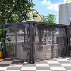 Outsunny 10' x 13' Outdoor Retractable Pergola w/ Sun Shade Louvered Top, Pergola w/ Canopy, Curtains, Netting, Dark Gray 84C-510V01CG