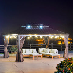 Outsunny 12' x 16' Hardtop Gazebo with Curtains and Netting, Permanent Pavilion Metal Double Roof Gazebo Canopy with Aluminum Frame and Hooks, for Garden, Patio, Backyard, Brown 84C-204V01