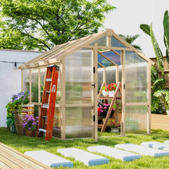 Outsunny 6.6 x 8 ft. Polycarbonate Greenhouse Wooden Walk-in Greenhouse Kit with Thickened Panels, Roof Vent, and Lockable Door 84H-369V02BN