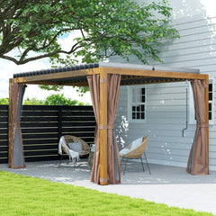 Outsunny 10' x 13' Outdoor Retractable Pergola w/ Sun Shade Louvered Top, Pergola w/ Canopy, Curtains, Netting, Natural Wood 84C-510V01ND