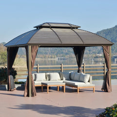Outsunny 10' x 12' Hardtop Gazebo Canopy with Galvanized Steel Double Roof, Aluminum Frame, Permanent Pavilion Outdoor Gazebo with Netting and Curtains for Patio, Garden, Backyard, Deck, Lawn 84C-205