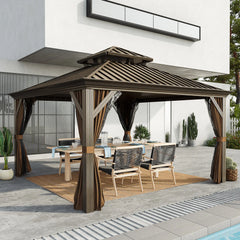 Outsunny 12' x 12' Hardtop Gazebo with Curtains and Netting, Permanent Pavilion Metal Double Roof Gazebo Canopy with Aluminum Frame and Hooks, for Garden, Patio, Backyard, Brown 84C-204V03