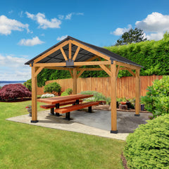 Outsunny 11' x 13' Hardtop Gazebo with Galvanized Steel Roof, Wooden Frame, Permanent Pavilion Outdoor Gazebo with Ceiling Hook for Garden, Patio, Backyard, Lawn 84C-241