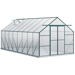 Outsunny 16' x 8' Aluminum Greenhouse Polycarbonate Walk-in Garden Greenhouse Kit with Adjustable Roof Vent, Rain Gutter and Sliding Door for Winter, Clear 845-533V01