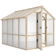 Outsunny 6.6 x 8 ft. Polycarbonate Greenhouse Wooden Walk-in Greenhouse Kit with Thickened Panels, Roof Vent, and Lockable Door 84H-369V02BN