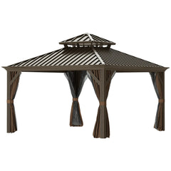 Outsunny 12' x 12' Hardtop Gazebo with Curtains and Netting, Permanent Pavilion Metal Double Roof Gazebo Canopy with Aluminum Frame and Hooks, for Garden, Patio, Backyard, Brown 84C-204V03