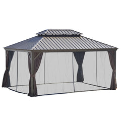 Outsunny 12' x 16' Hardtop Gazebo with Curtains and Netting, Permanent Pavilion Metal Double Roof Gazebo Canopy with Aluminum Frame and Hooks, for Garden, Patio, Backyard, Brown 84C-204V01