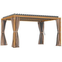 Outsunny 10' x 13' Outdoor Retractable Pergola w/ Sun Shade Louvered Top, Pergola w/ Canopy, Curtains, Netting, Natural Wood 84C-510V01ND