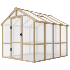 Outsunny 6.6 x 8 ft. Polycarbonate Greenhouse Wooden Walk-in Greenhouse Kit with Thickened Panels, Roof Vent, and Lockable Door 84H-369V02BN