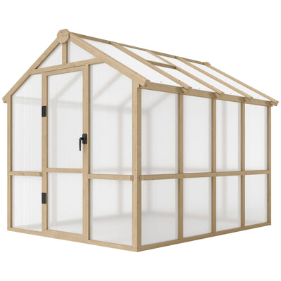 Outsunny 6.6 x 8 ft. Polycarbonate Greenhouse Wooden Walk-in Greenhouse Kit with Thickened Panels, Roof Vent, and Lockable Door 84H-369V02BN