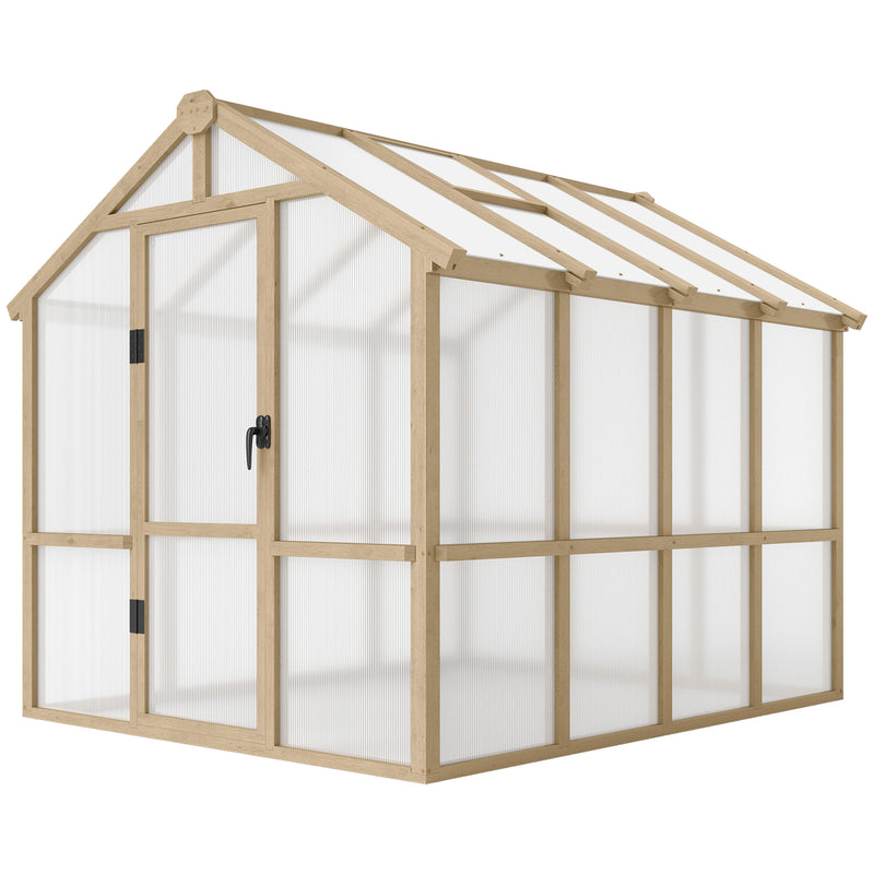 Outsunny 6.6 x 8 ft. Polycarbonate Greenhouse Wooden Walk-in Greenhouse Kit with Thickened Panels, Roof Vent, and Lockable Door 84H-369V02BN