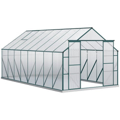 Outsunny 16' x 8' Aluminum Greenhouse Polycarbonate Walk-in Garden Greenhouse Kit with Adjustable Roof Vent, Rain Gutter and Sliding Door for Winter, Clear 845-533V01