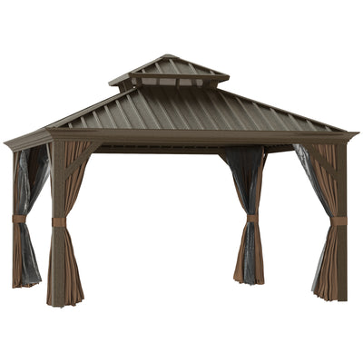 Outsunny 12' x 12' Hardtop Gazebo with Curtains and Netting, Permanent Pavilion Metal Double Roof Gazebo Canopy with Aluminum Frame and Hooks, for Garden, Patio, Backyard, Brown 84C-204V03