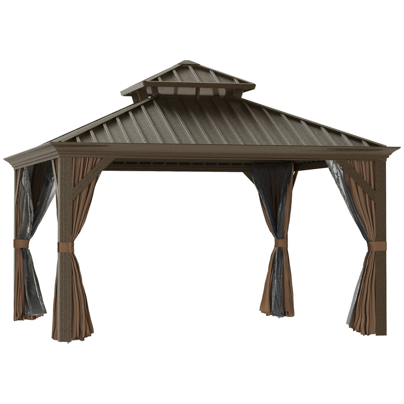 Outsunny 12' x 12' Hardtop Gazebo with Curtains and Netting, Permanent Pavilion Metal Double Roof Gazebo Canopy with Aluminum Frame and Hooks, for Garden, Patio, Backyard, Brown 84C-204V03