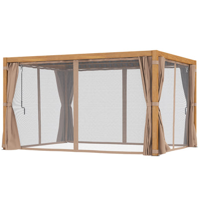 Outsunny 10' x 13' Outdoor Retractable Pergola w/ Sun Shade Louvered Top, Pergola w/ Canopy, Curtains, Netting, Natural Wood 84C-510V01ND