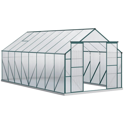 Outsunny 16' x 8' Aluminum Greenhouse Polycarbonate Walk-in Garden Greenhouse Kit with Adjustable Roof Vent, Rain Gutter and Sliding Door for Winter, Clear 845-533V01