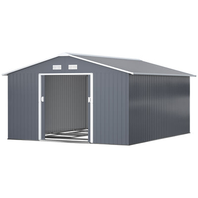Outsunny 11' x 13' Garden Metal Shed, Storage Shed Utility Storage with Double Locking Doors for Bike, Yard Tools, Dark Gray 845-031V01