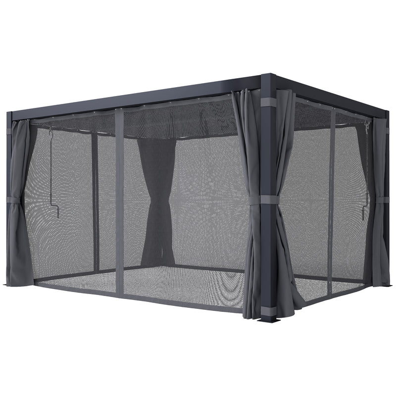 Outsunny 10' x 13' Outdoor Retractable Pergola w/ Sun Shade Louvered Top, Pergola w/ Canopy, Curtains, Netting, Dark Gray 84C-510V01CG