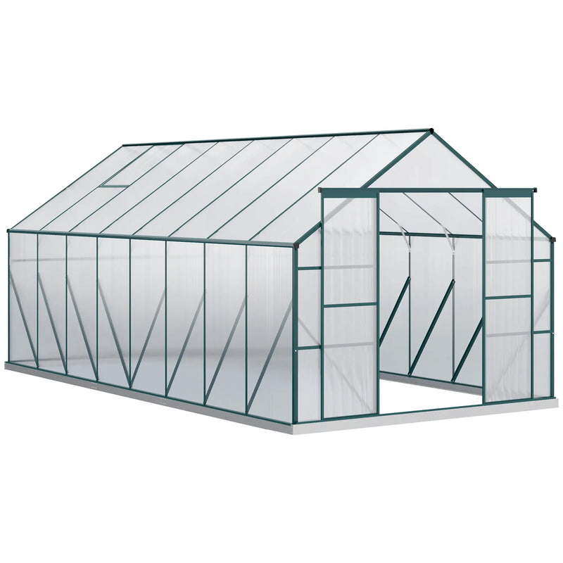 Outsunny 16' x 8' Aluminum Greenhouse Polycarbonate Walk-in Garden Greenhouse Kit with Adjustable Roof Vent, Rain Gutter and Sliding Door for Winter, Clear 845-533V01
