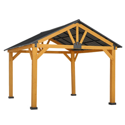 Outsunny 11' x 13' Hardtop Gazebo with Galvanized Steel Roof, Wooden Frame, Permanent Pavilion Outdoor Gazebo with Ceiling Hook for Garden, Patio, Backyard, Lawn 84C-241