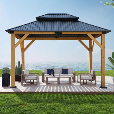 Fir Wood Carport Pavilion Gazebo with Double Roof, Netting for Patio, Wooden Coated Steel Frame Canopy, 142