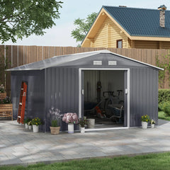 Outsunny 11' x 13' Garden Metal Shed, Storage Shed Utility Storage with Double Locking Doors for Bike, Yard Tools, Dark Gray 845-031V01