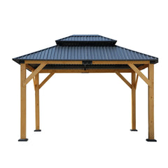 Fir Wood Carport Pavilion Gazebo with Double Roof, Netting for Patio, Wooden Coated Steel Frame Canopy, 142" L x 116" W x 116" H, Light Brown F-HOF-W640S00040