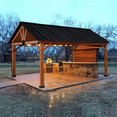 Outsunny 11' x 13' Hardtop Gazebo with Galvanized Steel Roof, Wooden Frame, Permanent Pavilion Outdoor Gazebo with Ceiling Hook for Garden, Patio, Backyard, Lawn 84C-241