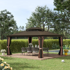 Outsunny 12' x 16' Hardtop Gazebo with Curtains and Netting, Permanent Pavilion Metal Double Roof Gazebo Canopy with Aluminum Frame and Hooks, for Garden, Patio, Backyard, Brown 84C-204V01