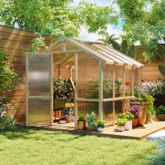 Outsunny 6.6 x 8 ft. Polycarbonate Greenhouse Wooden Walk-in Greenhouse Kit with Thickened Panels, Roof Vent, and Lockable Door 84H-369V02BN