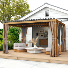 Outsunny 10' x 13' Outdoor Retractable Pergola w/ Sun Shade Louvered Top, Pergola w/ Canopy, Curtains, Netting, Natural Wood 84C-510V01ND