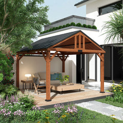 Outsunny 11' x 12' Hardtop Gazebo with Wooden Frame and Waterproof Asphalt Roof, Permanent Pavilion Gazebo Canopy, for Garden, Patio, Backyard, Deck, Porch, Brown 84C-363V00BN