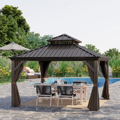 Outsunny 12' x 12' Hardtop Gazebo with Curtains and Netting, Permanent Pavilion Metal Double Roof Gazebo Canopy with Aluminum Frame and Hooks, for Garden, Patio, Backyard, Brown 84C-204V03