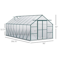 Outsunny 16' x 8' Aluminum Greenhouse Polycarbonate Walk-in Garden Greenhouse Kit with Adjustable Roof Vent, Rain Gutter and Sliding Door for Winter, Clear 845-533V01