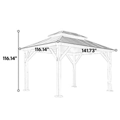 Fir Wood Carport Pavilion Gazebo with Double Roof, Netting for Patio, Wooden Coated Steel Frame Canopy, 142" L x 116" W x 116" H, Light Brown F-HOF-W640S00040
