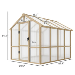 Outsunny 6.6 x 8 ft. Polycarbonate Greenhouse Wooden Walk-in Greenhouse Kit with Thickened Panels, Roof Vent, and Lockable Door 84H-369V02BN