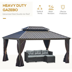 Outsunny 12' x 16' Hardtop Gazebo with Curtains and Netting, Permanent Pavilion Metal Double Roof Gazebo Canopy with Aluminum Frame and Hooks, for Garden, Patio, Backyard, Brown 84C-204V01