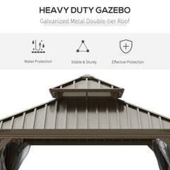 Outsunny 12' x 12' Hardtop Gazebo with Curtains and Netting, Permanent Pavilion Metal Double Roof Gazebo Canopy with Aluminum Frame and Hooks, for Garden, Patio, Backyard, Brown 84C-204V03