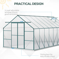 Outsunny 16' x 8' Aluminum Greenhouse Polycarbonate Walk-in Garden Greenhouse Kit with Adjustable Roof Vent, Rain Gutter and Sliding Door for Winter, Clear 845-533V01