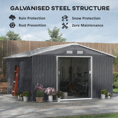 Outsunny 11' x 13' Garden Metal Shed, Storage Shed Utility Storage with Double Locking Doors for Bike, Yard Tools, Dark Gray 845-031V01