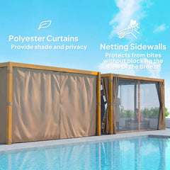 Outsunny 10' x 13' Outdoor Retractable Pergola w/ Sun Shade Louvered Top, Pergola w/ Canopy, Curtains, Netting, Natural Wood 84C-510V01ND