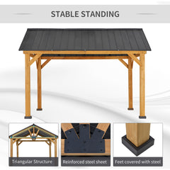 Outsunny 11' x 13' Hardtop Gazebo with Galvanized Steel Roof, Wooden Frame, Permanent Pavilion Outdoor Gazebo with Ceiling Hook for Garden, Patio, Backyard, Lawn 84C-241