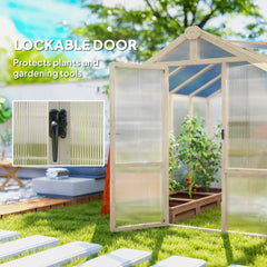 Outsunny 6.6 x 8 ft. Polycarbonate Greenhouse Wooden Walk-in Greenhouse Kit with Thickened Panels, Roof Vent, and Lockable Door 84H-369V02BN