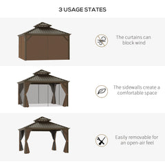 Outsunny 12' x 12' Hardtop Gazebo with Curtains and Netting, Permanent Pavilion Metal Double Roof Gazebo Canopy with Aluminum Frame and Hooks, for Garden, Patio, Backyard, Brown 84C-204V03