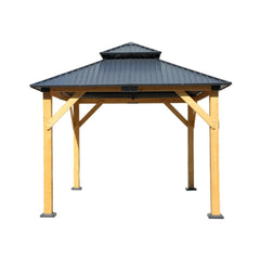 Fir Wood Carport Pavilion Gazebo with Double Roof, Netting for Patio, Wooden Coated Steel Frame Canopy, 142" L x 116" W x 116" H, Light Brown F-HOF-W640S00040