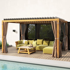 Outsunny 10' x 13' Outdoor Retractable Pergola w/ Sun Shade Louvered Top, Pergola w/ Canopy, Curtains, Netting, Natural Wood 84C-510V01ND