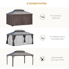 Outsunny 12' x 16' Hardtop Gazebo with Curtains and Netting, Permanent Pavilion Metal Double Roof Gazebo Canopy with Aluminum Frame and Hooks, for Garden, Patio, Backyard, Brown 84C-204V01