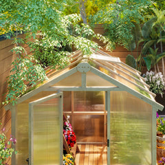 Outsunny 6.6 x 8 ft. Polycarbonate Greenhouse Wooden Walk-in Greenhouse Kit with Thickened Panels, Roof Vent, and Lockable Door 84H-369V02BN